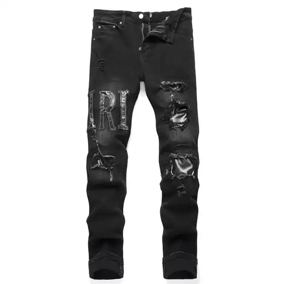 New Foreign Trade Style Fashion Black Ripped Letter Embroidery Stretch Mid Rise Skinny Men's Jeans 3640-