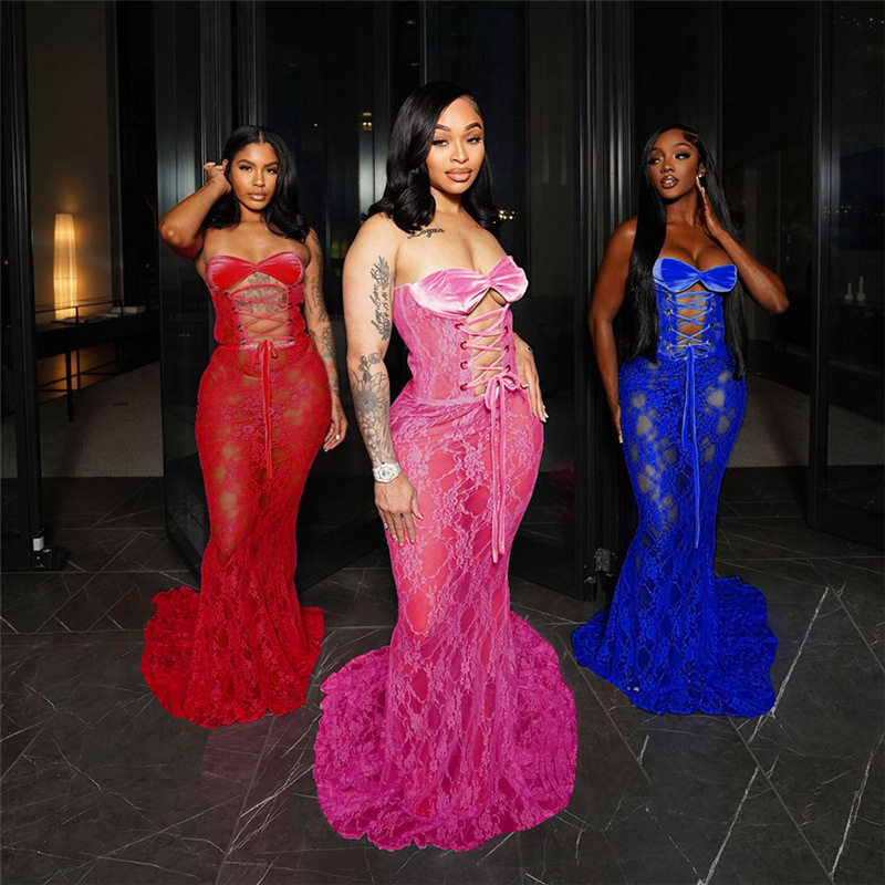 Chic Womens Lace Sheer Bodycon Dress Strapless Cutout Design Elegant Fit Perfect for Winter Parties Wholesale