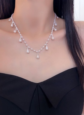 白月光~宫廷风水滴珍珠流苏吊坠项链女婚礼新娘派对锁骨链配饰品