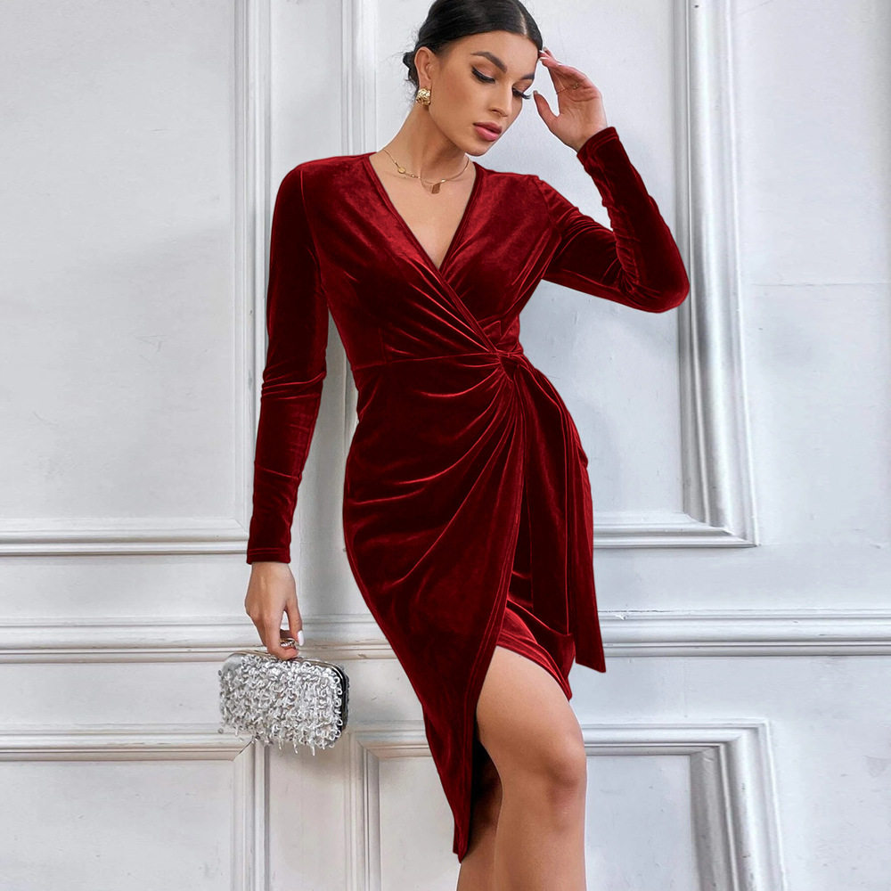 Sexy V Neck Bodycon Maxi Dress Irregular Hem Elegant Style Perfect for Cocktail Parties and Evening Events Wholesale