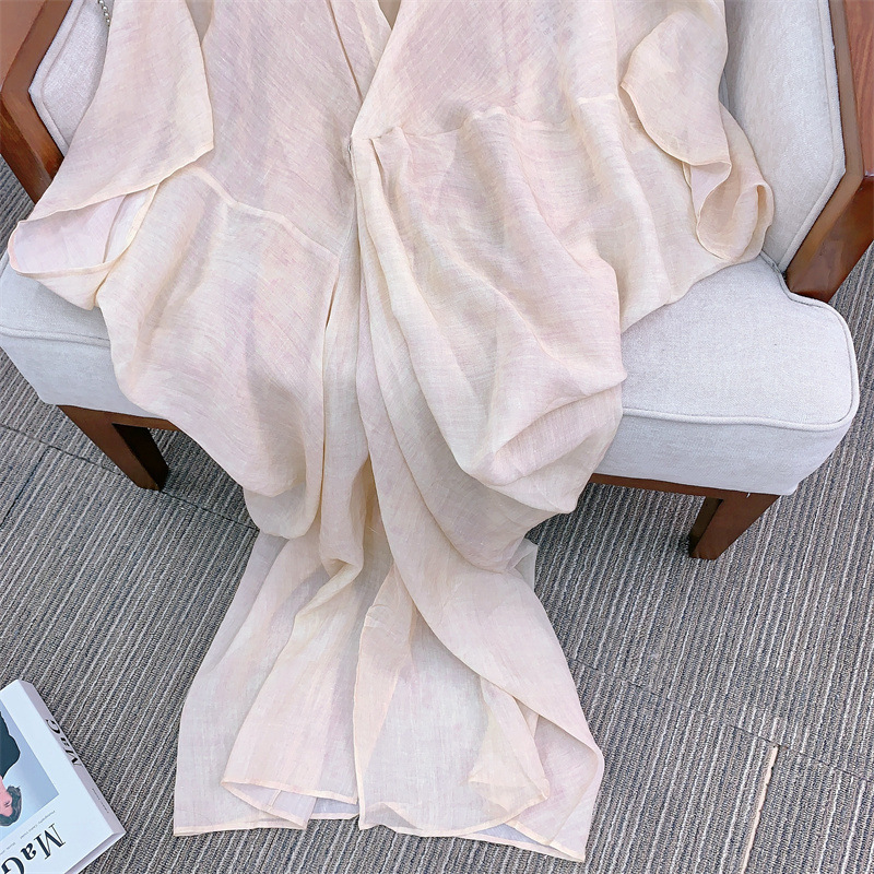 Đầm suông nữ dáng bất đối xứng phối tencel gai — Màu hồng sương mù