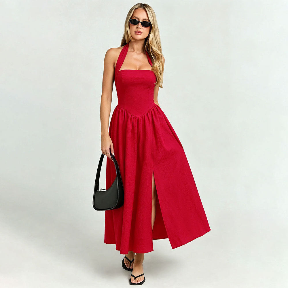 Vintage French Style Halter Neck Tie Dress Backless Waist Cinching Flared Hem High Slit Perfect for Vacations and