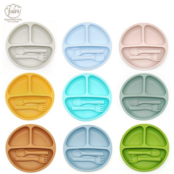 Baby Silicone Dinner Plate, Infant Tableware, Food-Grade, High Temperature Resistant, Suction Cup Fork and Spoon, Divided Children's Dinner Plate