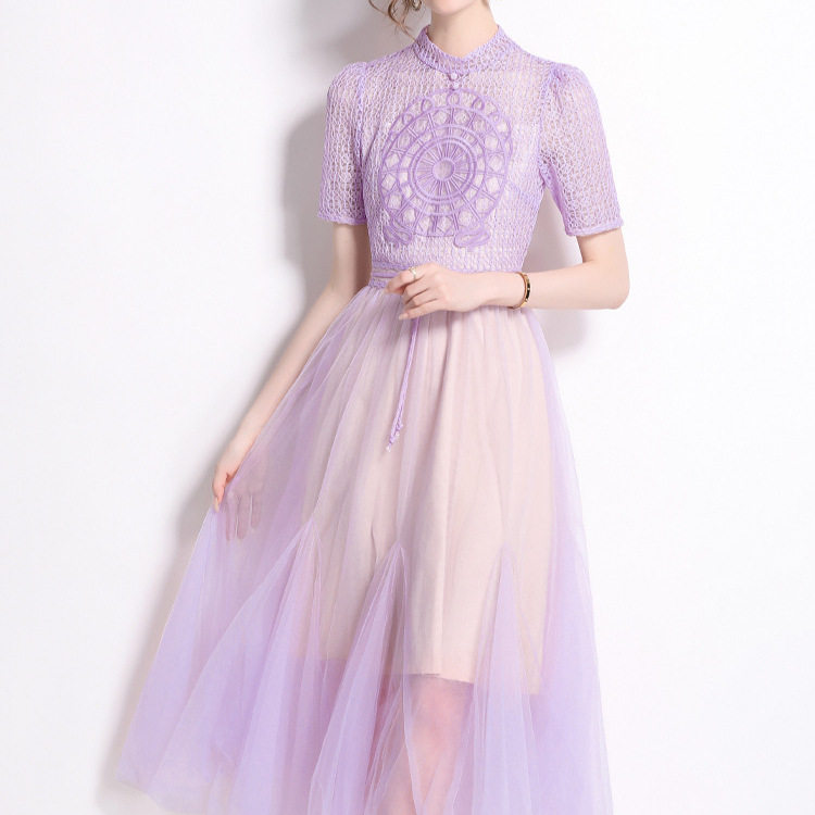 French Vintage Court Style Dress Heavy Embroidery Hollow Lace Round Neck Waist Defining Tulle Skirt Elegant
