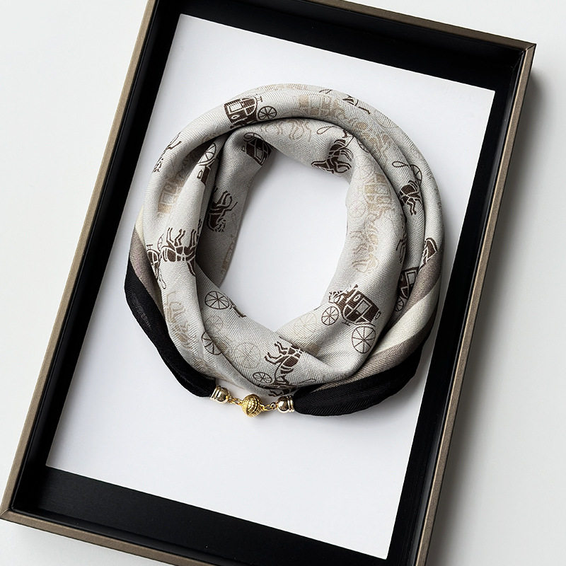 Small Square Scarf for Women with Magnetic Buckle, Cotton and Linen Small Square Scarf, Korean Style Versatile High-End Neck Protection Warm Scarf, Lazy Scarf