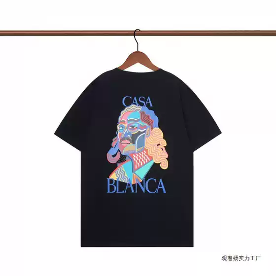 Cross-Border New Trendy Brand Casablanca Printed Loose Short-Sleeved Spring and Summer Heavyweight Casual 100% Cotton T-Shirt for Men and Women