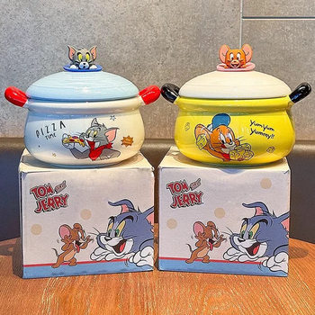 Cat and Mouse Ceramic instant noodle bowl with lid for student dormitory home high-value large-capacity soup bowl with hand gift