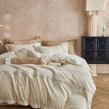 French Classy 250g High Weight Milk Velvet Stereo Carved Embroidered Winter Warm Fleece-Lined Bedding Set