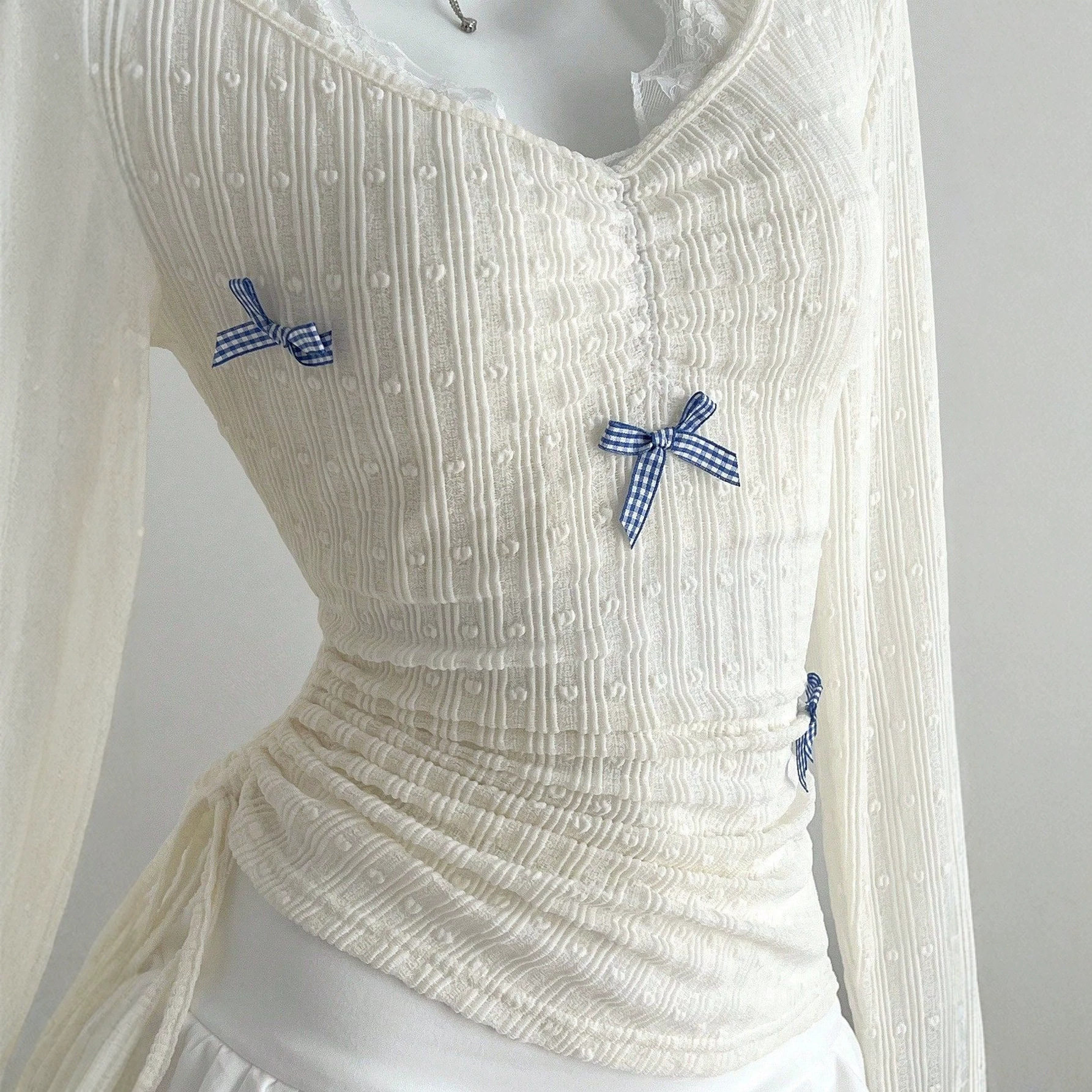 Lace Bow Tie Neck Long Sleeve T Shirt Slim Fit Elegant Design Comfortable Fabric Perfect for Casual Wear Ready to