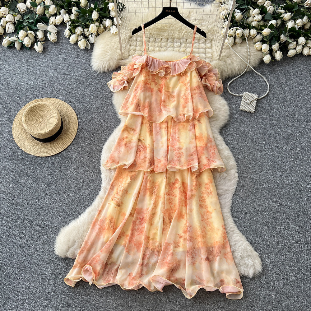 French Vacation Style Floral Ruffled Cami Dress for Women Summer Cake Skirt Unique Design Elegant Look Wholesale