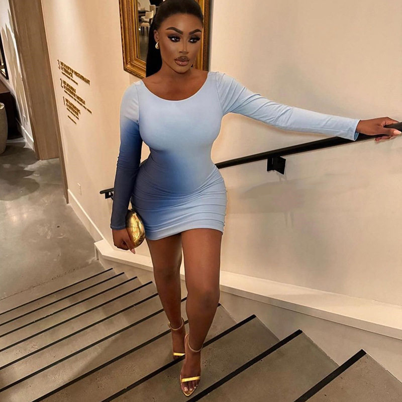 Summer Womens Bodycon Dress Sexy Round Neck Long Sleeve Slim Fit Unique Design Perfect for Parties and Events