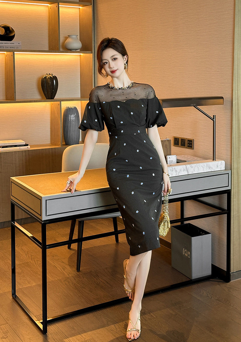 Đầm dài mùa hè cổ tròn thêu hoa ôm body tay bồng — [Xám xanh], [Đen] chi tiết 15