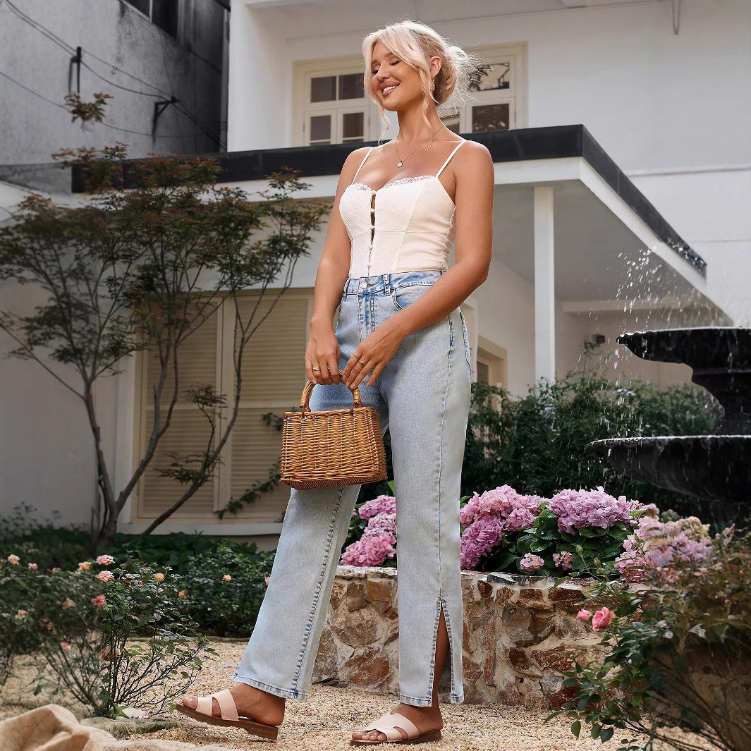 Casual Straight Leg Denim Jeans High Split Design European and American Style Comfortable Fit Wholesale Available