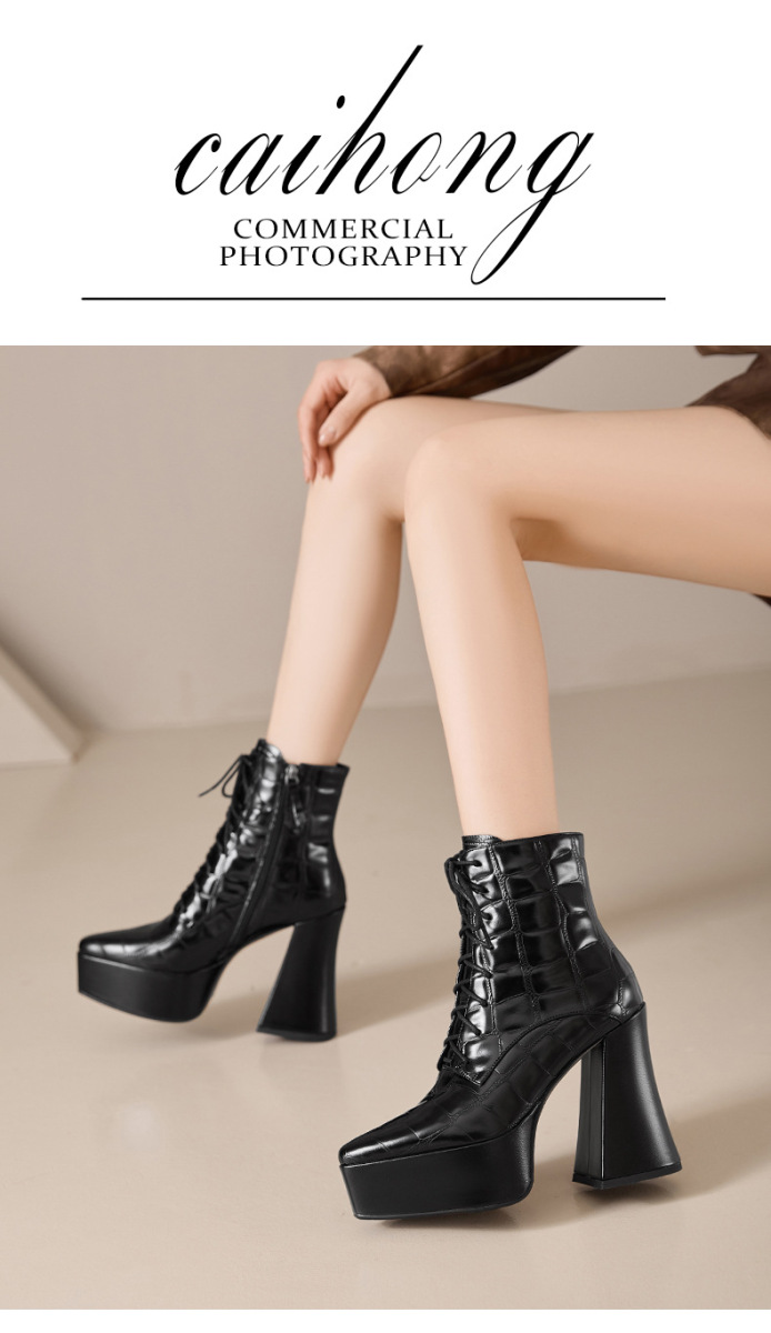Boot Martin nữ da bò vân đá buộc dây gót cao 12cm mũi nhọn — Lớp lót đơn màu đen, Lớp lót đơn màu nâu, Lớp lót nhung đen, Nhung nâu