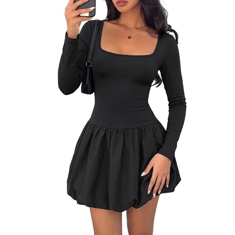 Casual Black Puff Sleeve Mini Dress Square Neck Floral Design Comfortable Fit Perfect for Spring Summer Wholesale