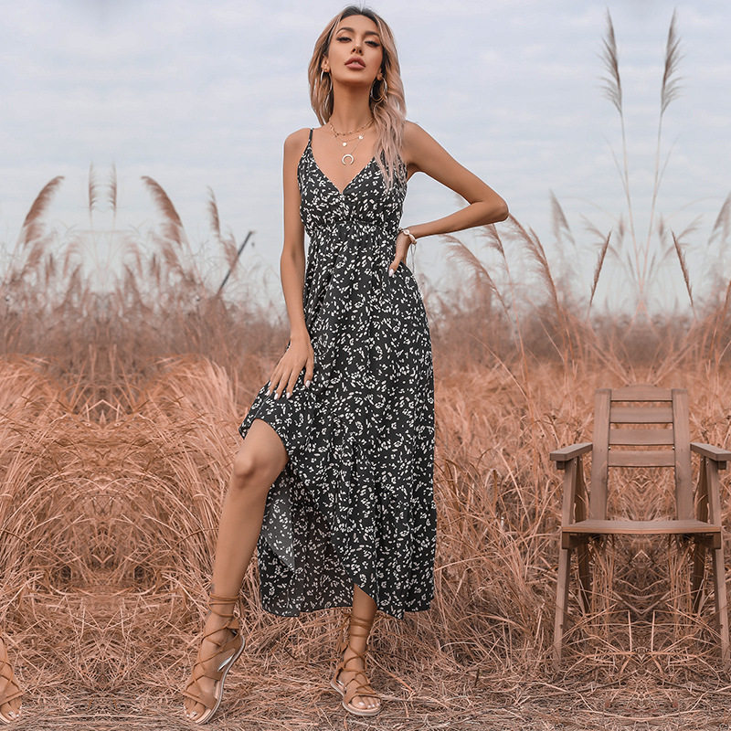Summer Womens Irregular Hem Dress Sexy Floral Print V Neck Spaghetti Straps Casual Party Wear Wholesale Available