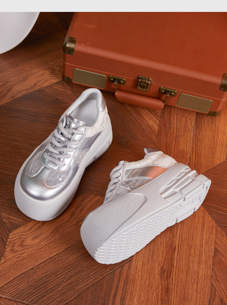 Giày sneaker nữ đế dày chunky lưới thoáng khí, tăng chiều cao, phong cách đa năng — Trắng, Bạc chi tiết 14