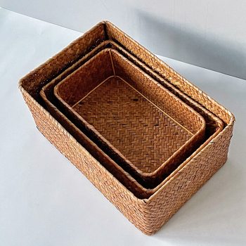 In stock rattan storage basket desktop uncovered handmade bamboo basket woven basket rectangular cosmetic storage box rattan basket