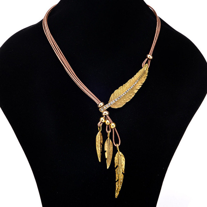 Cross-Border European and American Jewelry Feather Leaf Diamond Black Leather Rope Multi-Layer Tassel Necklace Women's Clavicle Chain Sweater Chain