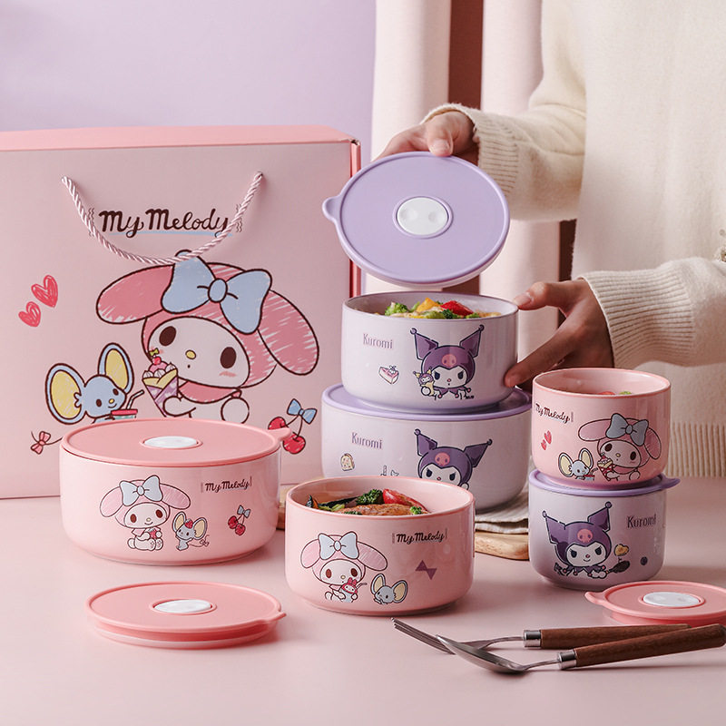 Sanrio Ceramic Fresh-keeping Bowl suit Three-piece Set Cartoon Cute Sealed Lid Large Capacity High Color Value Lunch Box New
