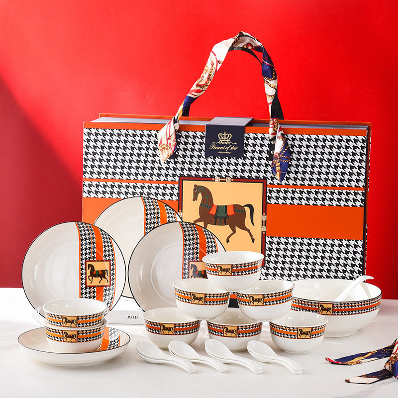 Horse Retro Style Ceramic Tableware Bowl and Chopsticks suit Light Luxury Gift Boxed Wedding Accompanying Gift Opening Festival housewarming