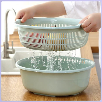 Double-Layer Draining Basket for Washing Vegetables, Household Vegetable Washing Basin, Large Plastic Kitchen Vegetable Basket, Fruit Bowl, Living Room Fruit Tray
