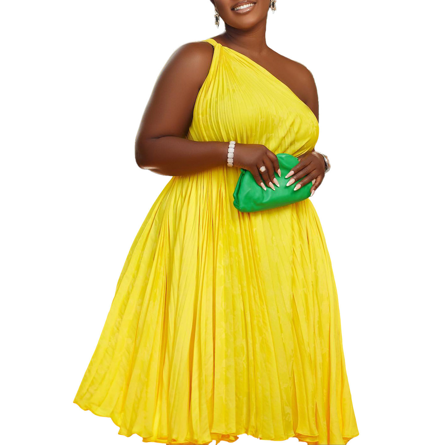 Plus Size Womens Dress Summer Collection Asymmetrical Shoulder Pleated Design Solid Color Elegant Style
