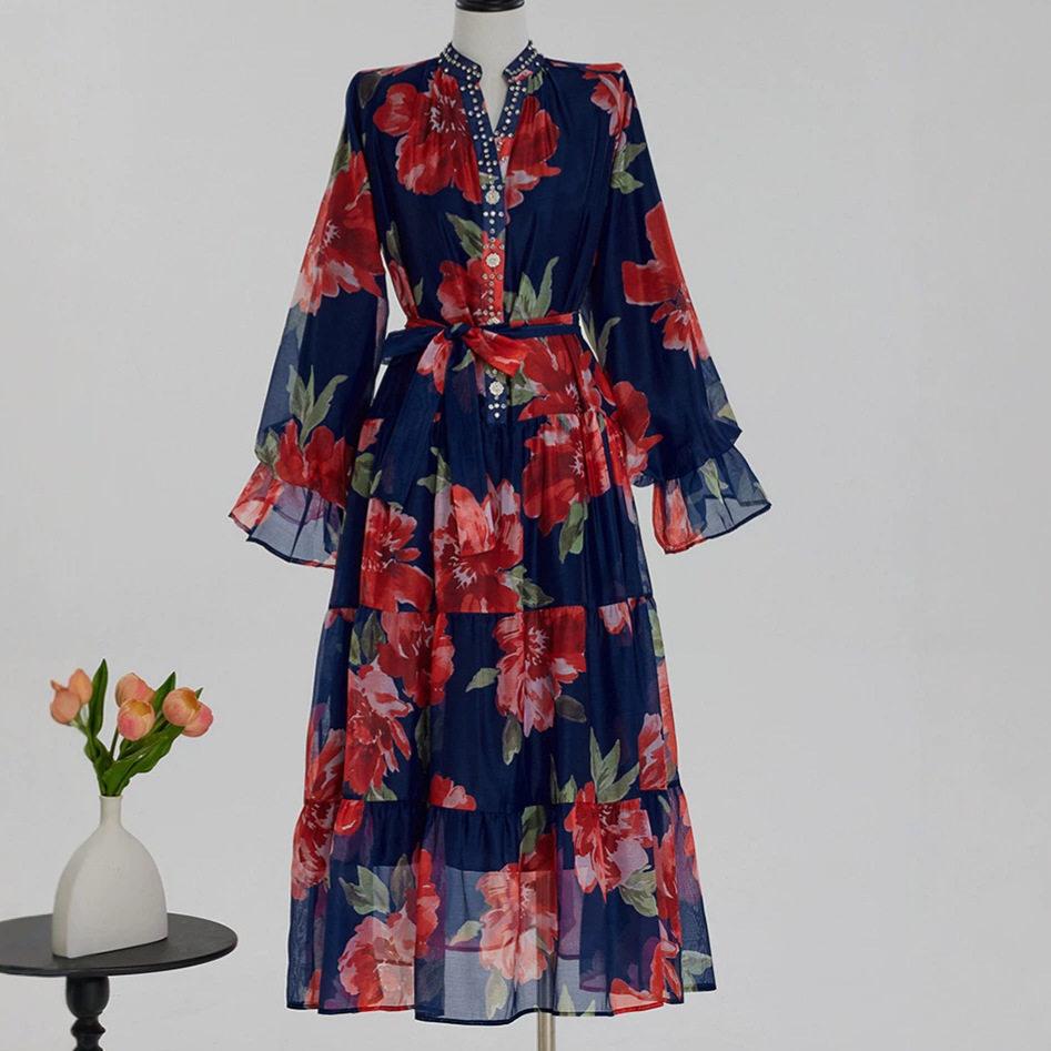 Fashionable Printed Patchwork Dress with Rhinestones Unique European Designer Style Perfect for Parties and Special