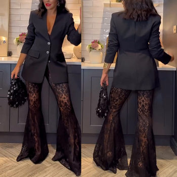 Cross-border 2025 European and American Spring and Autumn New Fashion Long Sleeve Suit suit INS Casual Loose Lace Two-piece Set for Women