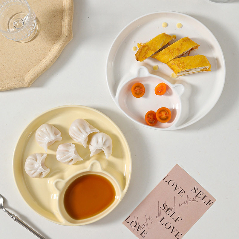 Dumpling Plate with Vinegar Dish, Household Ceramic Dish, Breakfast Divided Plate, High-End Creative Dumpling Special Plate