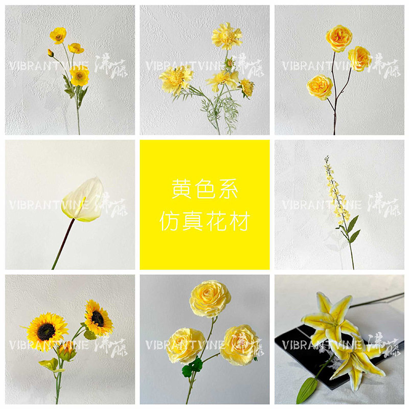 ดอกไม้ประดิษฐ์สีเหลือง สำหรับงานแต่งงาน ตกแต่งบ้าน การจัดฉาก ช่อโรสและลิลลี่ พร็อพถ่ายภาพ ดอกไม้ปลอม