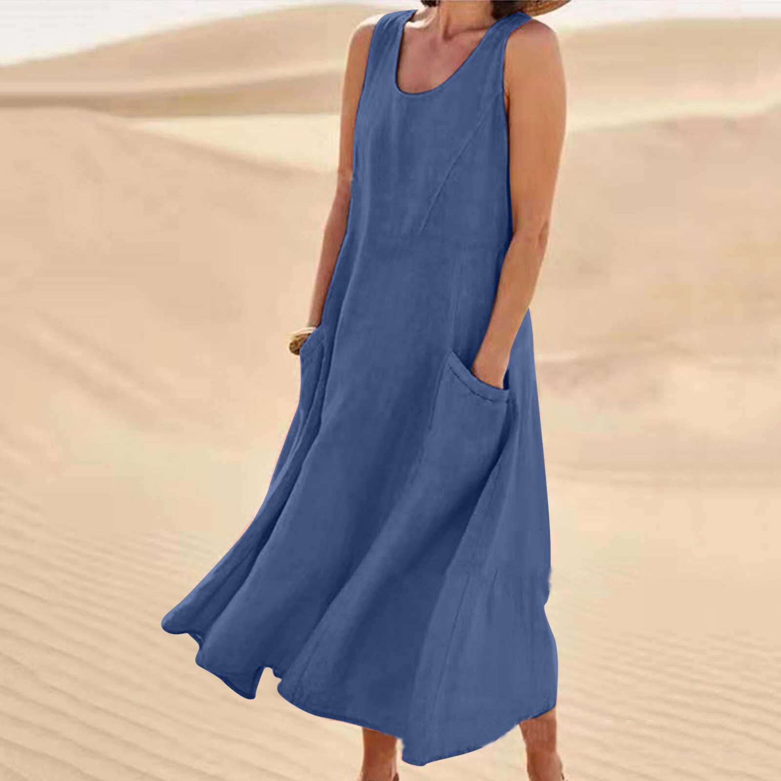 Summer Womens Cotton Linen Dress Sleeveless Round Neck Pocket Design Casual Wear for Everyday Use Wholesale