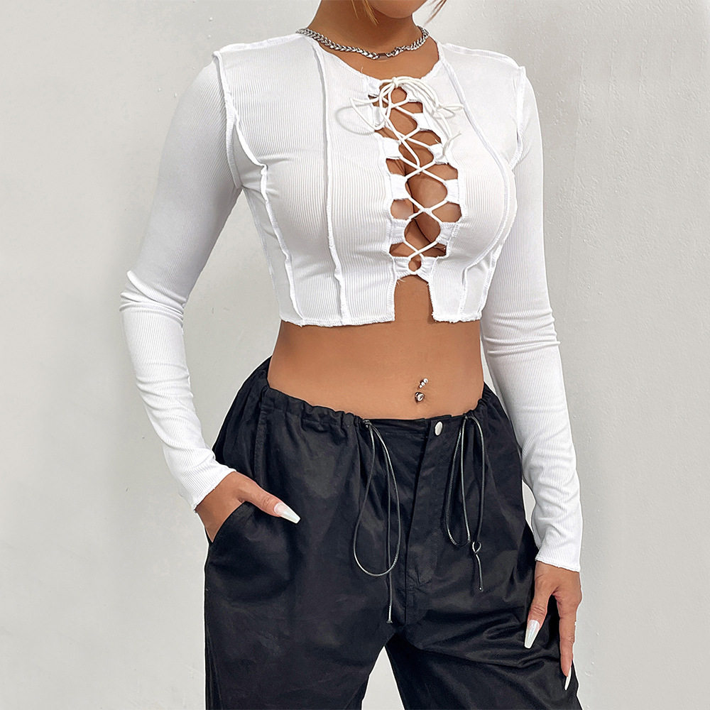 Womens Hollow Out Tie Front Crop Top Round Neck Ribbed Fabric Long Sleeve Versatile Style Autumn Winter Collection
