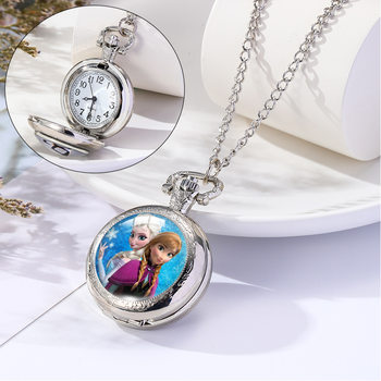 Cute Princess Elsa Flip Pocket Watch Children's Watch Girl Student Fashion Girl Quartz Watch Hanging Watch Necklace Watch