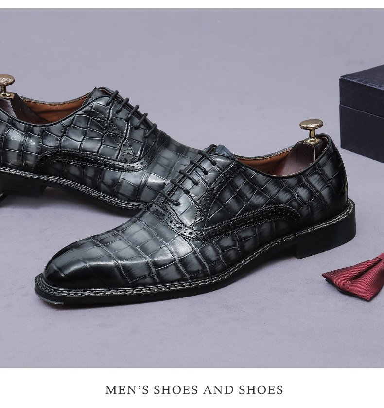 Giày Oxford nam da bò thật họa tiết kẻ sọc phong cách Anh Quốc — Xám xanh, Màu caramel