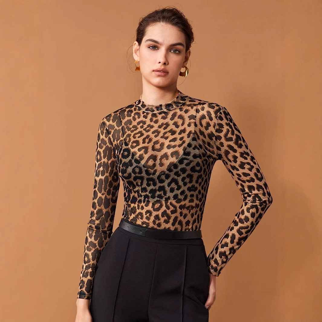 Womens Sheer Long Sleeve T Shirt Leopard Print Round Neck Lightweight Fabric Summer Fashion Wholesale Available