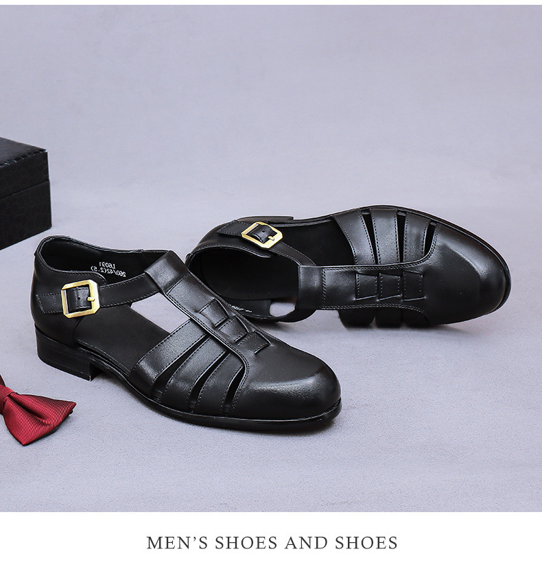 Dép sandal nam bít mũi da bò cổ điển khóa cài thoáng khí — Màu nâu, Màu đen