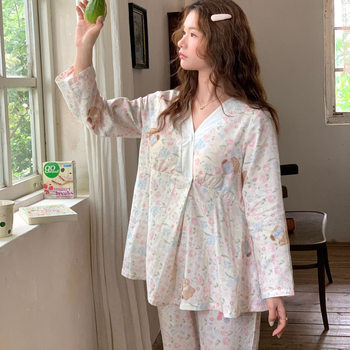 [Ready Stock 6070] Postpartum Clothing Pajamas with Breast Pads for Women Spring & Fall Thin Pure Cotton Xi Pregnant Women Breathable Home Clothes Sets