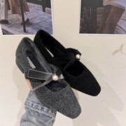French Style Thick Heel Grey Woolen Single-layer Shoes with Skirt Evening Shoes Women's Winter fleece-lined Bow Mary Jane Mao Sh