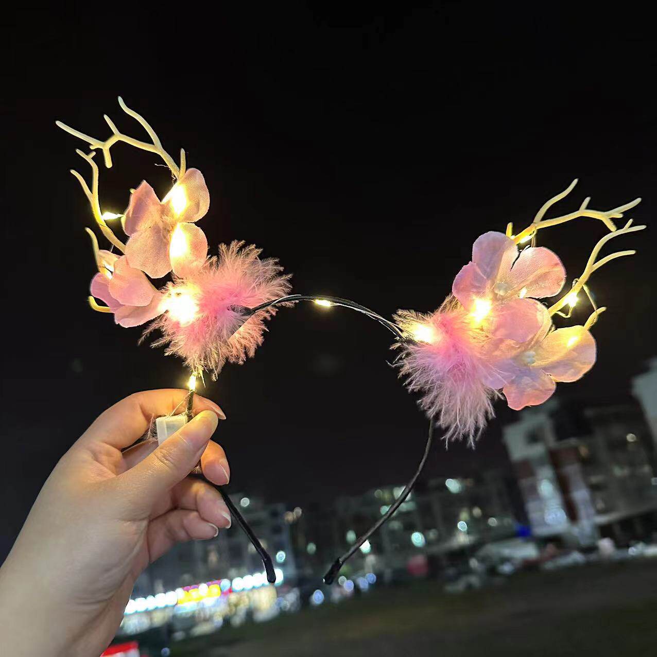 跨境热卖14灯毛毛兔耳朵发光发箍地推金丝羽毛猫耳朵发光头箍玩具