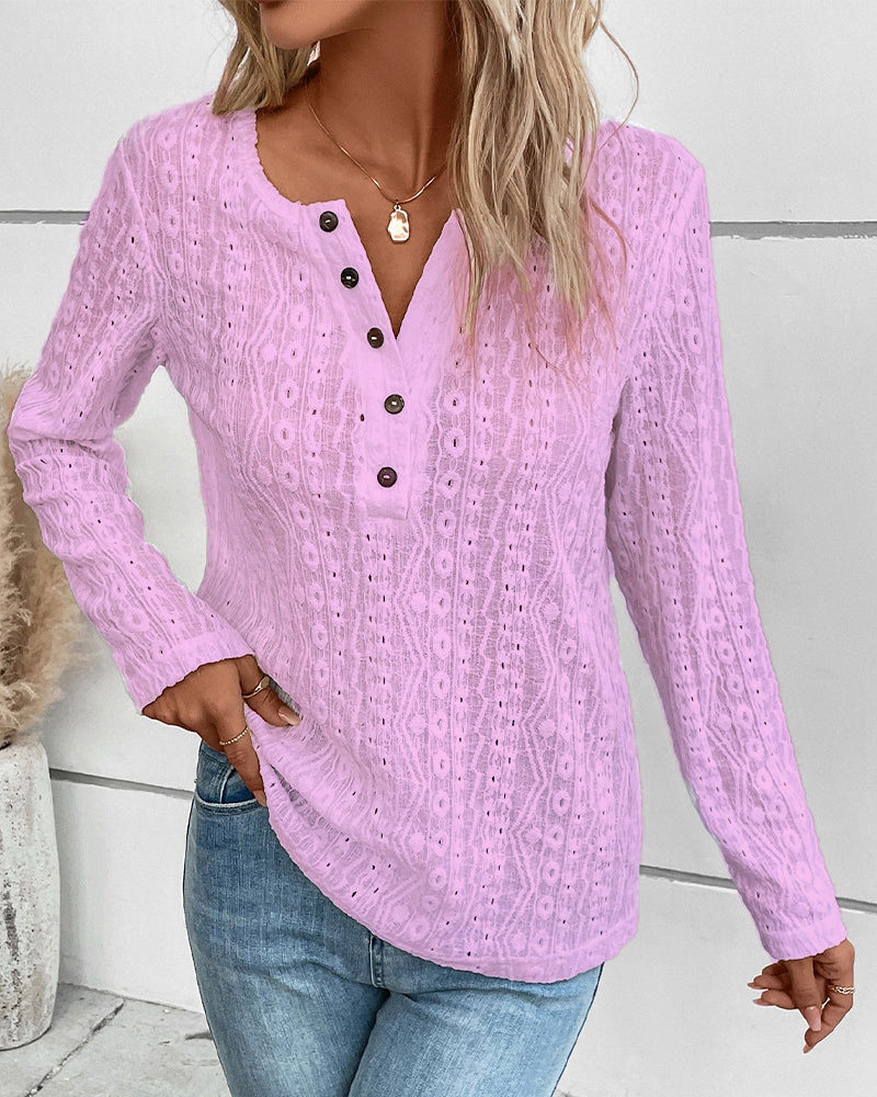 Casual Womens Long Sleeve Top Solid Color V Neck Hollow Out Design Perfect for Everyday Wear Wholesale Available