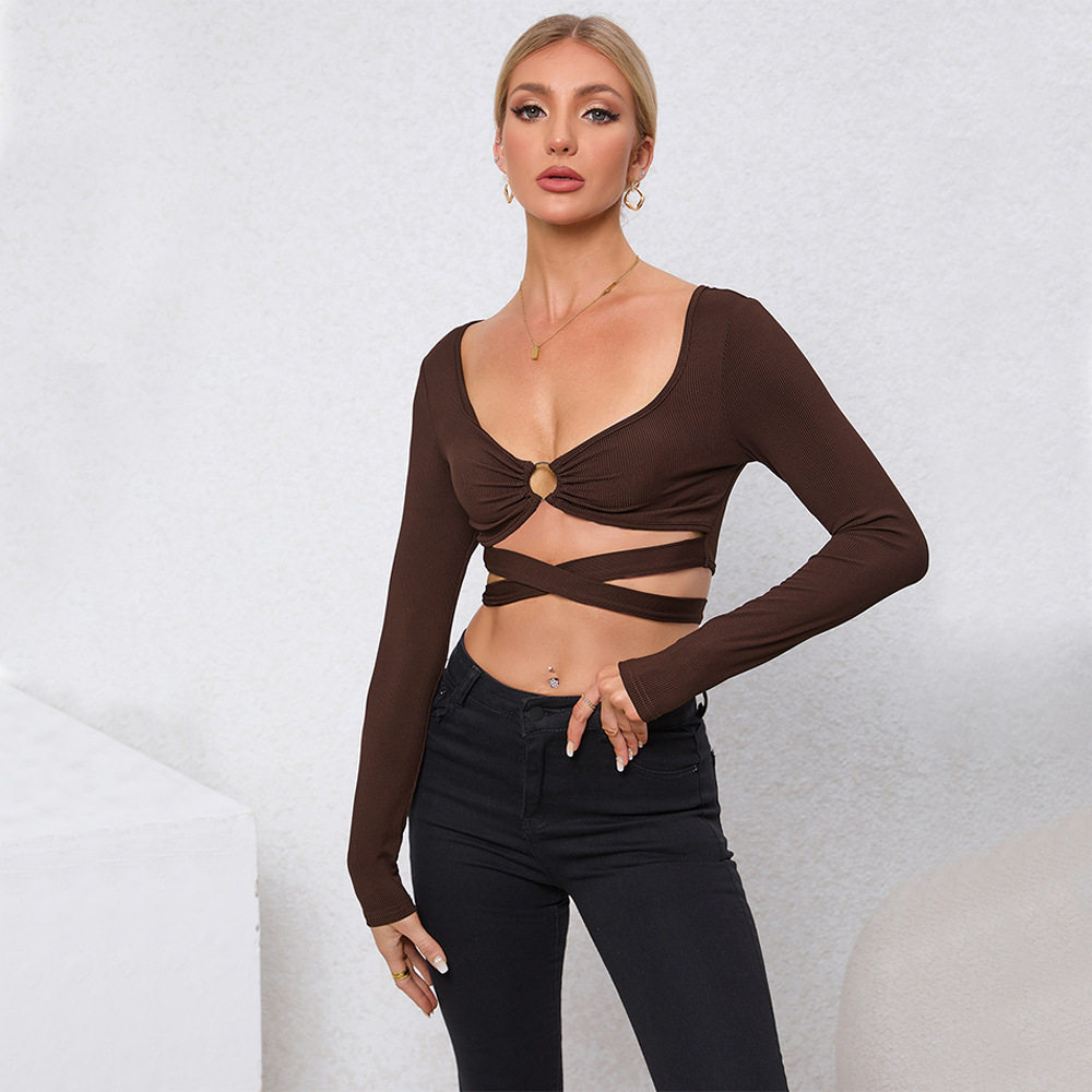 Womens Sexy Hollow Out Slim Fit Long Sleeve Knit Top Spring Summer Collection Trendy Casual Wear Wholesale Available