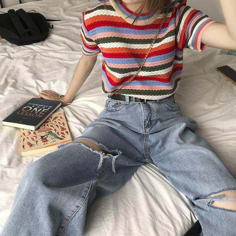 Knee Ripped Wide Leg Jeans for Women Loose Fit High Waist Casual Style Spring Summer Fashion Wholesale Available