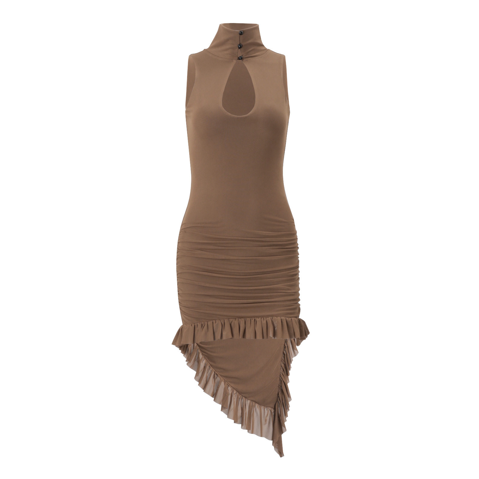 Sleeveless High Neck Bodycon Dress Ruched Design Waist Cinching Mid Length Summer Fashion for Women Wholesale