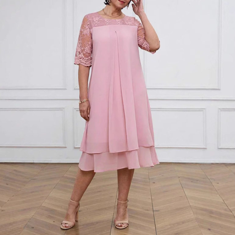Elegant Solid Color Lace Dress with Half Sleeves Round Neck Floral Trim Autumn Fashion Wholesale Available