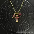 Golden sugar cube-rose diamond double cross necklace