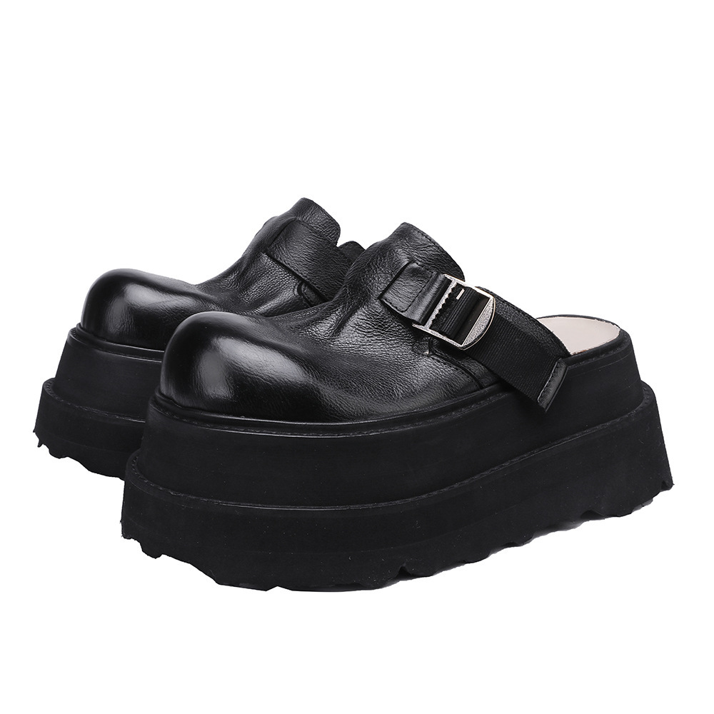 Dép sandal nữ bít mũi da bò đế dày êm chân — Màu đen, Màu đỏ, Màu kaki