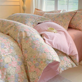 Class a Maternal and Infant-Grade All-Cotton Brushed Thickened Four-Piece Bedding Set for Autumn and Winter, Pure Cotton Bed Sheet, Duvet Cover, Fitted Sheet for Dormitory