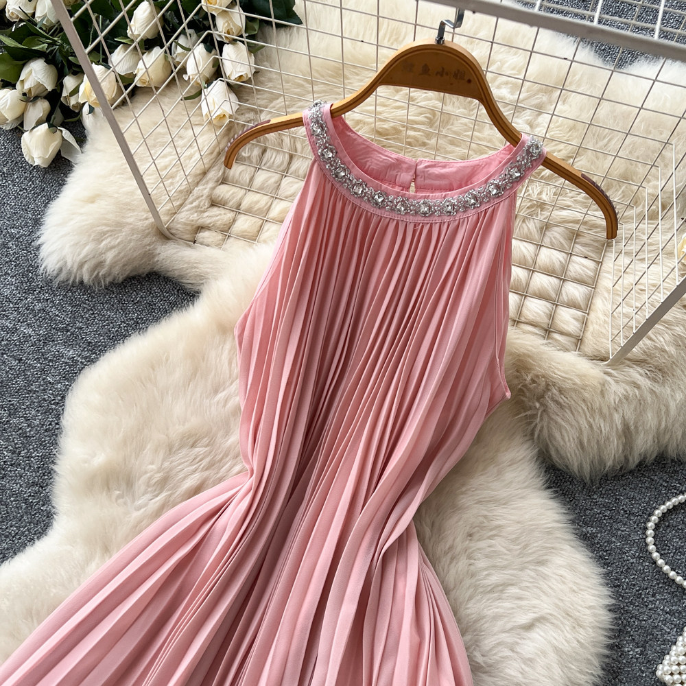 Elegant Sleeveless A Line Dress High Waist Pleated Rhinestone Embellished Summer Fashion in Pink Wholesale Available