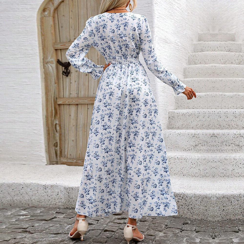 Floral Maxi Dress Elegant French Style Fresh and Sweet Design Perfect for Autumn and Winter Wholesale Available